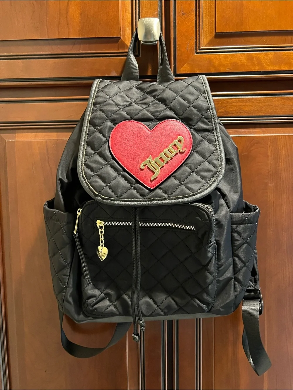 Juicy Couture Vintage Quilted Black Backpack w/Heart Patch Snap Flap Closure